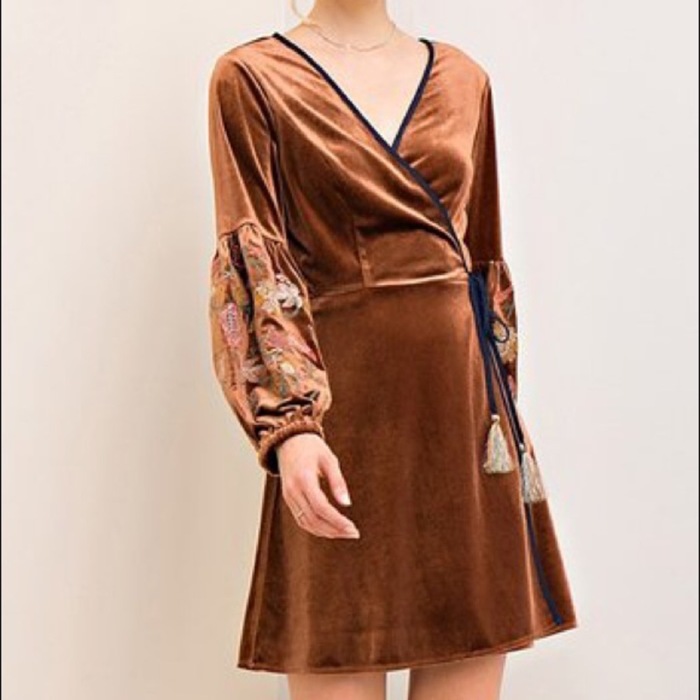 Cinnamon velvet Embroidered Wrap Boho Dress
